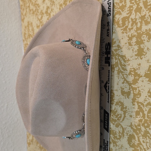 Khaki or Ivory Turquoise Oval Stone Strap Cowboy Hat made from a polye - Picture 5 of 10
